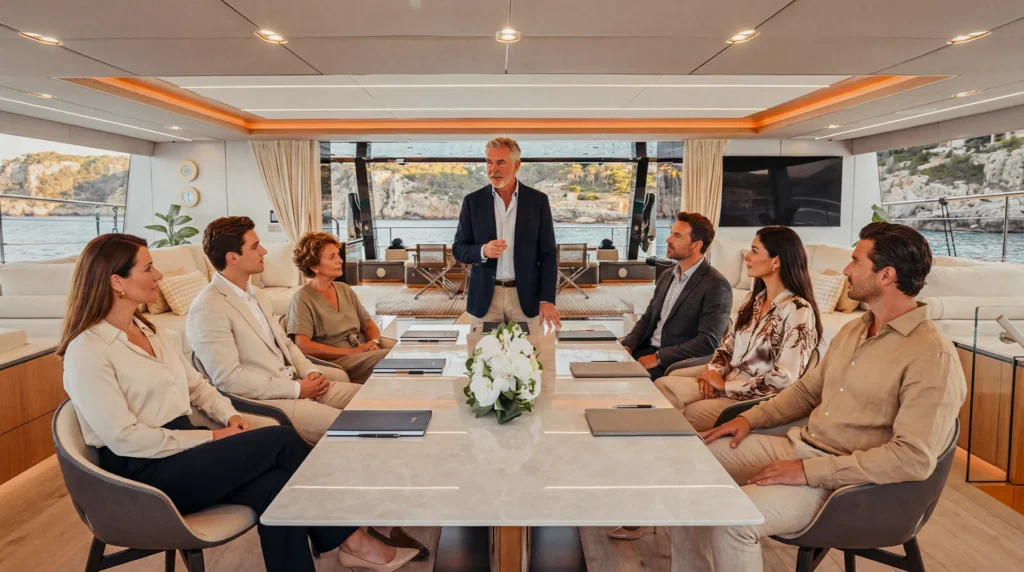 Business meeting on board during a luxury yacht charter in Mallorca