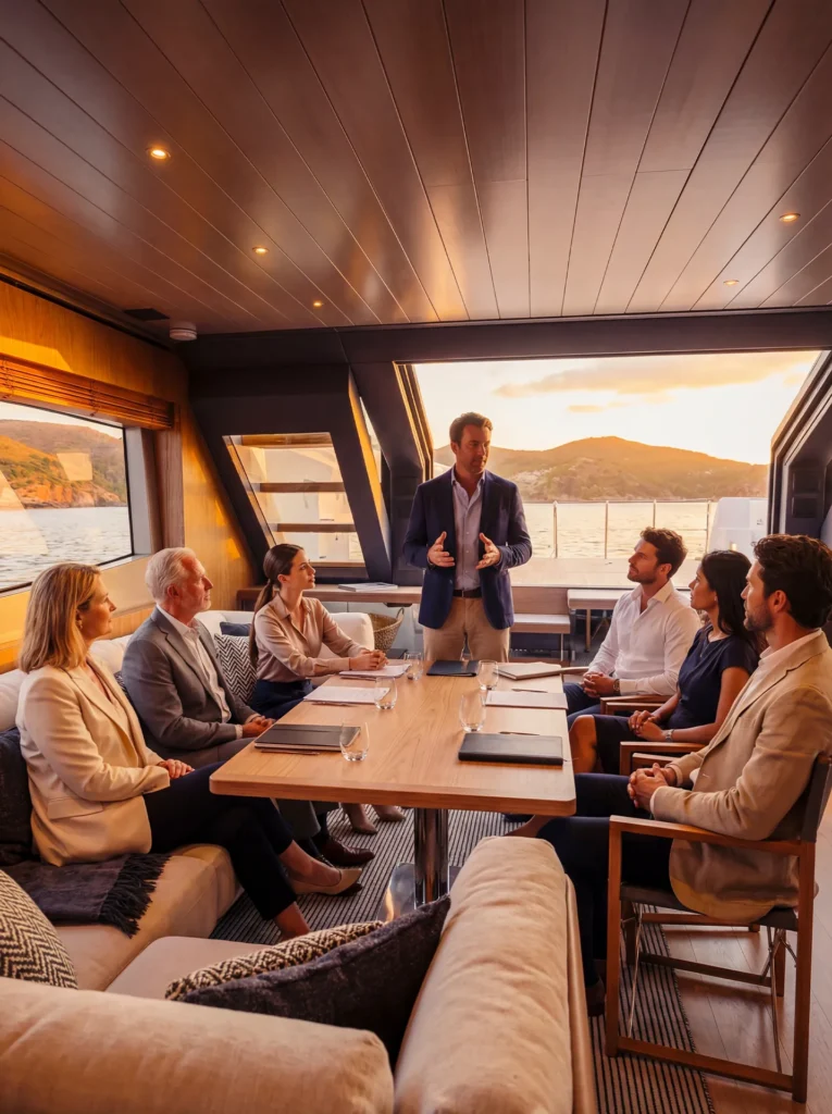 Business meetings on board during a luxury yacht charter in Mallorca with Sunny Day Charter