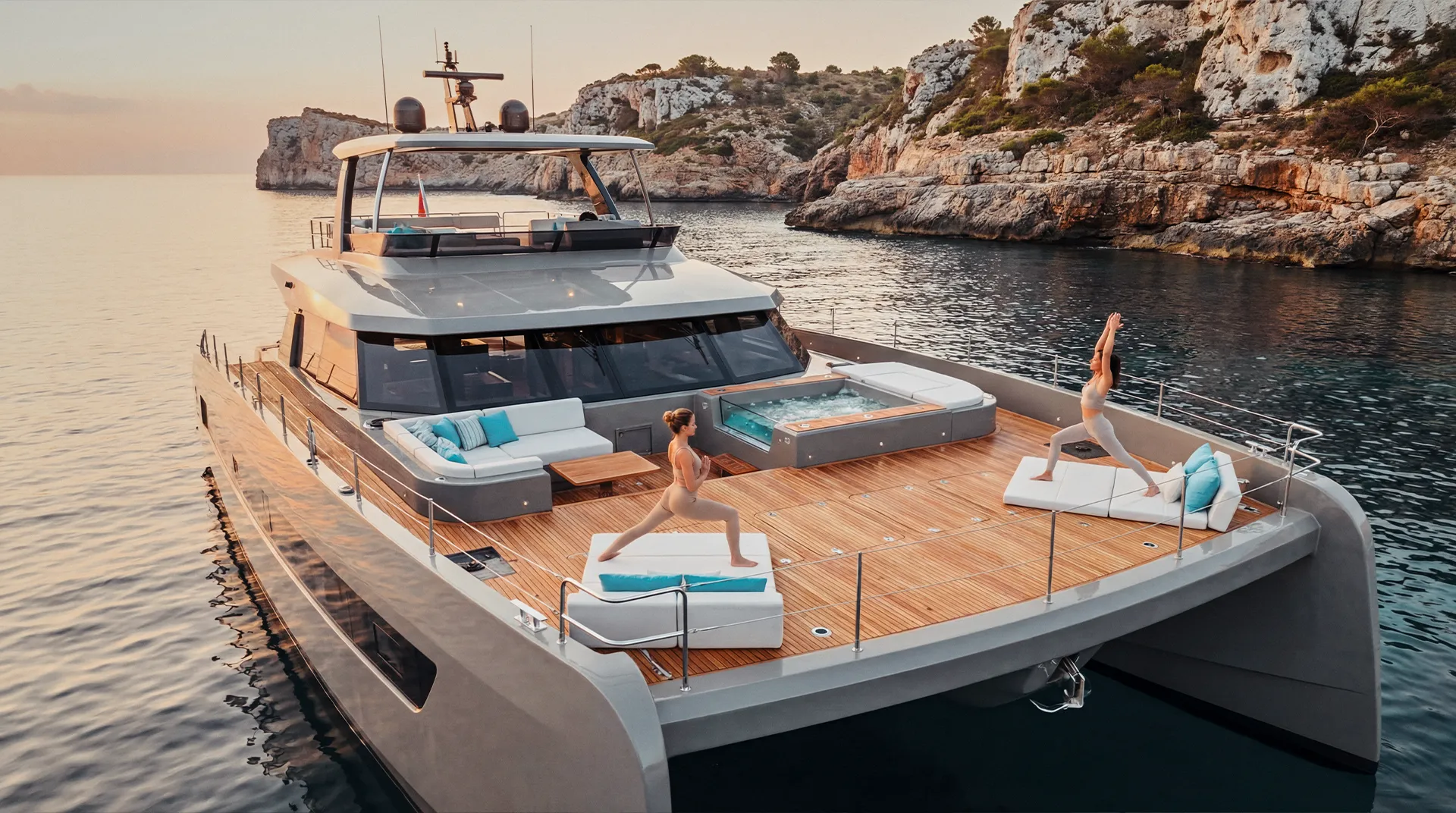 Private yoga experience on board during a luxury yacht charter in Mallorca with Sunny Day Charter