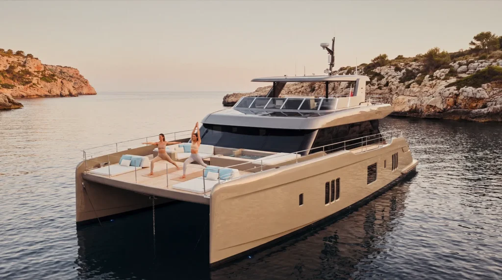 Yoga session on board a luxury yacht charter in Mallorca