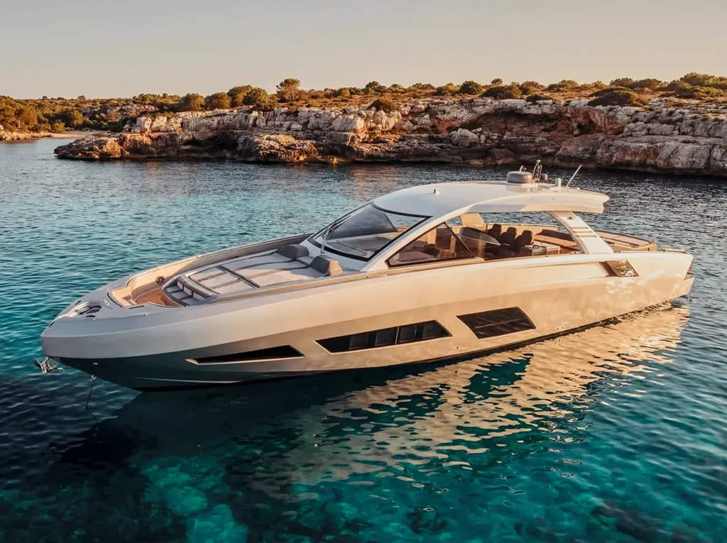 Guests relaxing on the spacious sundeck of the Canados Gladiator 631 OK Next with Mediterranean sea views in Mallorca
