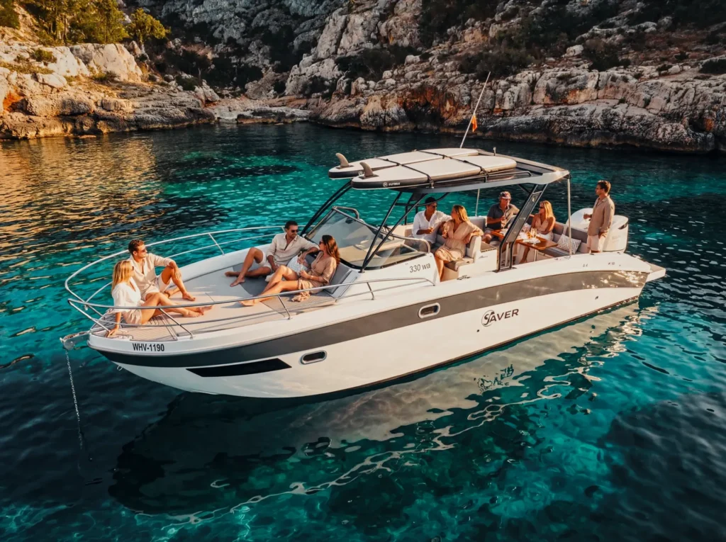 Guests enjoying the cockpit of the Saver 330 WA Tequila on a day charter in Mallorca