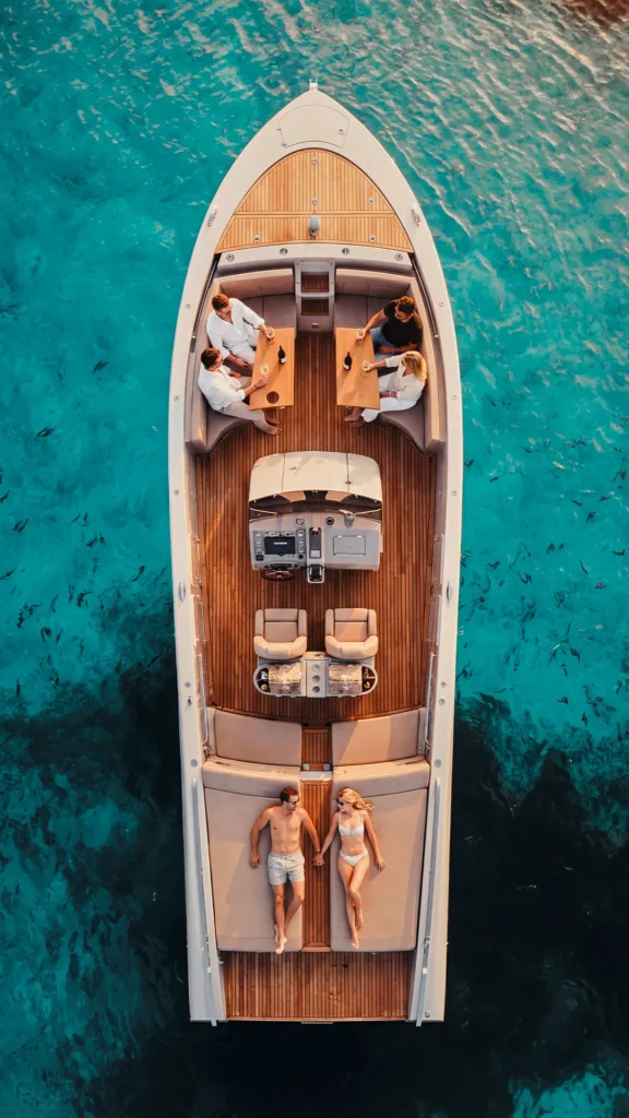 Aerial drone view of Frauscher 1017 Lido Bentley anchored in a cove near Portals Vells